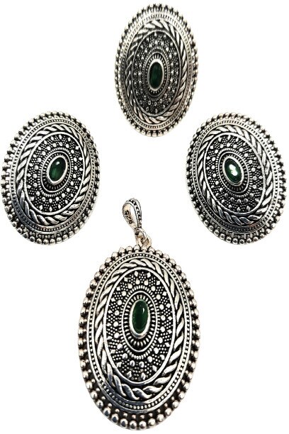 Set cercei, pandativ si inel Argint 925 cu pietra de smarald in montura ovala