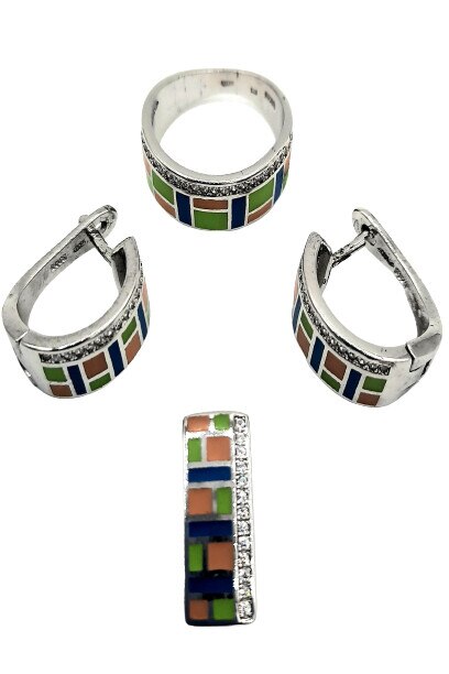 Set cercei, pandativ si inel Argint 925 cu bordura de zirconiu email multicolor in dreptunghiuri