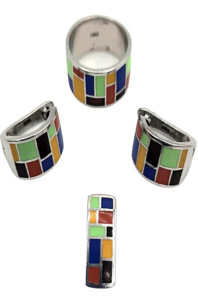 Set cercei, pandativ si inel Argint 925 cu email multicolor in dreptunghiuri si patrate vernil si negru