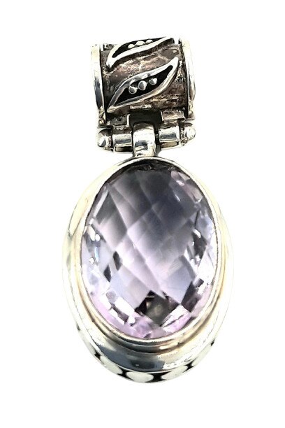 Pandativ Argint 925 cu piatra mare de cuart mov, intr-o montura ovala patinata