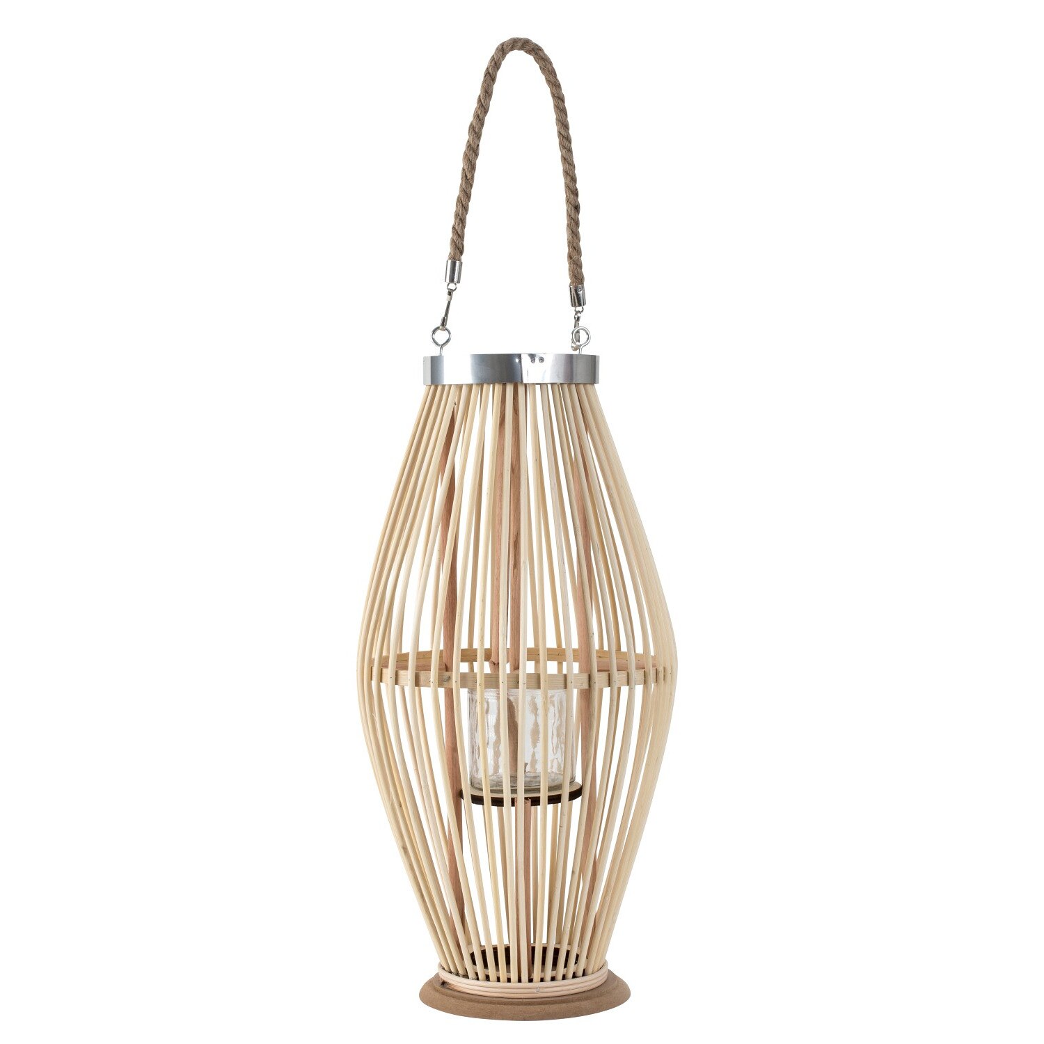 Suport Lumanare, cu maner si cilindru de sticla, Bambus si Metal, Natur, 50 cm