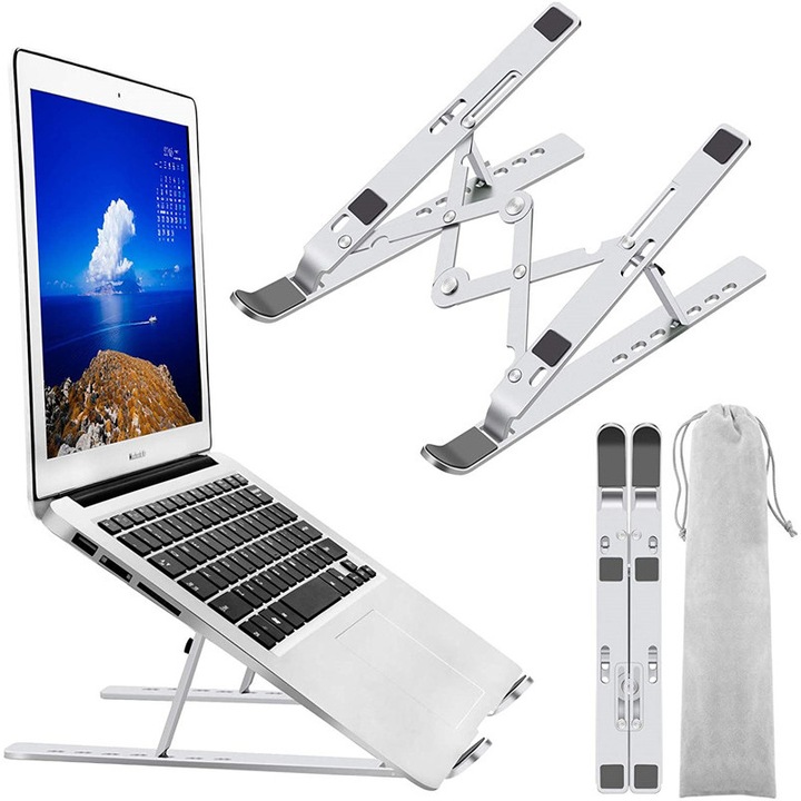 ASKSA Állítható Ergonomikus Laptopállvány, Összehajtható, Alumínium, 25 x 19 x 1 cm, Ezüst
