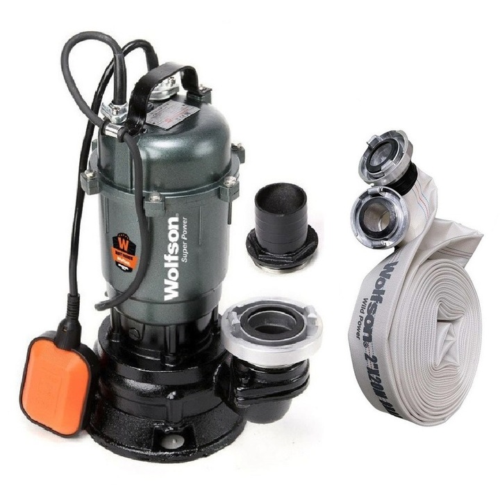 Pompa submersibila apa murdara cu plutitor si cutit tocator 1500W, WOLFSON® TP-3300T, 14mc/h, adancime absorbtie 10m, inaltime refulare 20m, include furtun tip pompieri 2" 20m 8 bari cu racorduri si mufa STORZ 2" pentru cuplare rapida