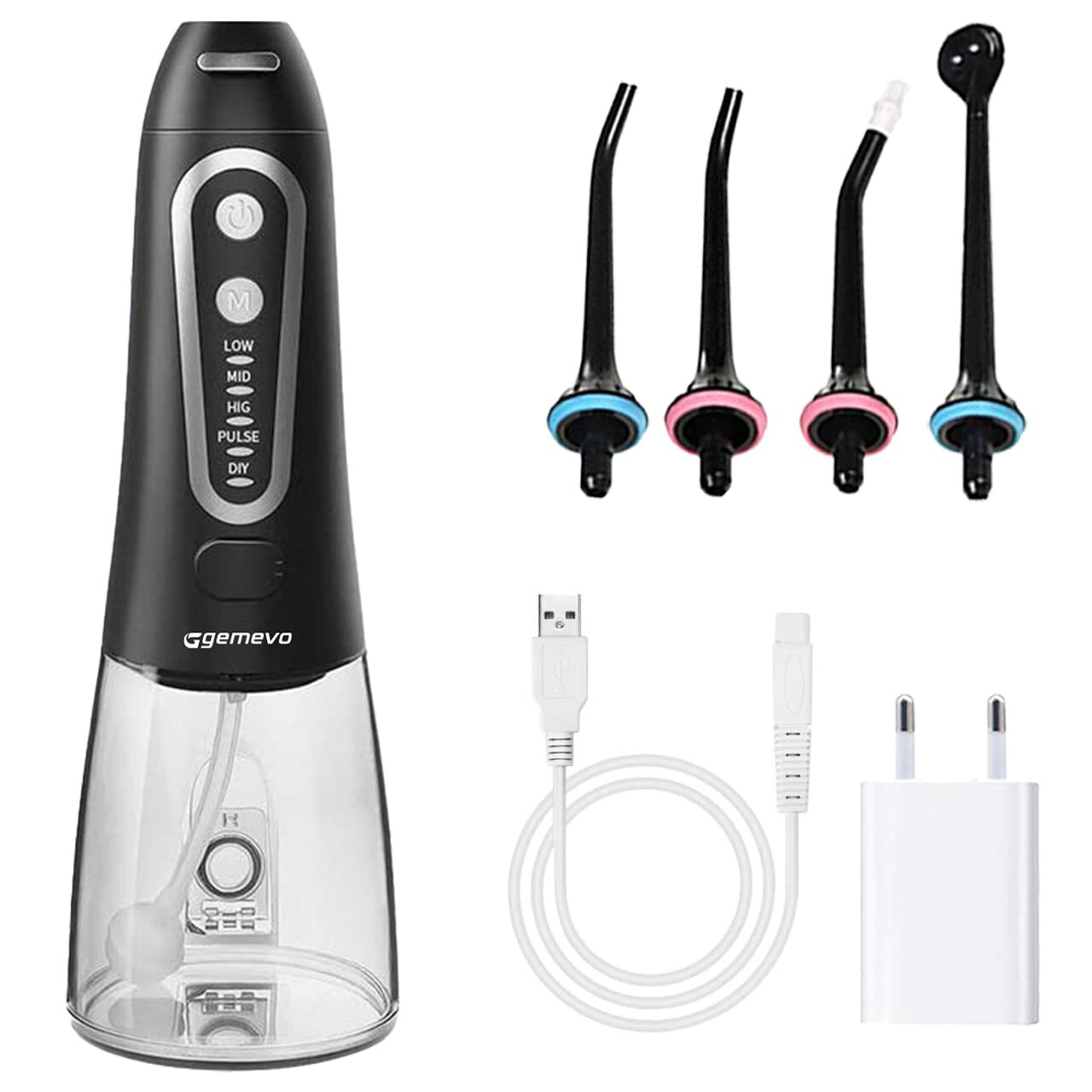 Irigator Oral Profesional pentru Dus Bucal, Gemevo® Family, 5 TREPTE de presiune, fara fir, IPX8, Rezervor 300 ML, Culoare Negru/Gri