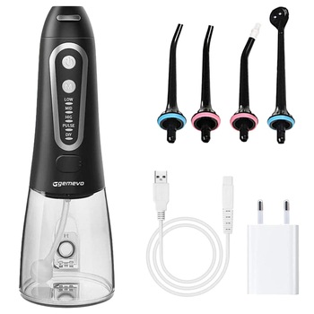 Irigator Oral Profesional pentru Dus Bucal, Gemevo® Family, 5 TREPTE de presiune, fara fir, IPX8, Rezervor 300 ML, Culoare Negru/Gri Irigator Oral Profesional pentru Dus Bucal, Gemevo® Family, 5 TREPTE de presiune, fara fir, IPX8, Rezervor 300 ML, Culoare Negru/Gri