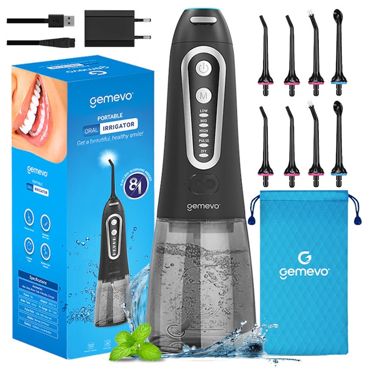 Irigator Bucal Profesional tip Dus Bucal Gemevo® Family, Irigator Oral fara fir, Portabil, 5 TREPTE de presiune, IPX8, Rezervor 300 ML, Culoare Negru/Gri