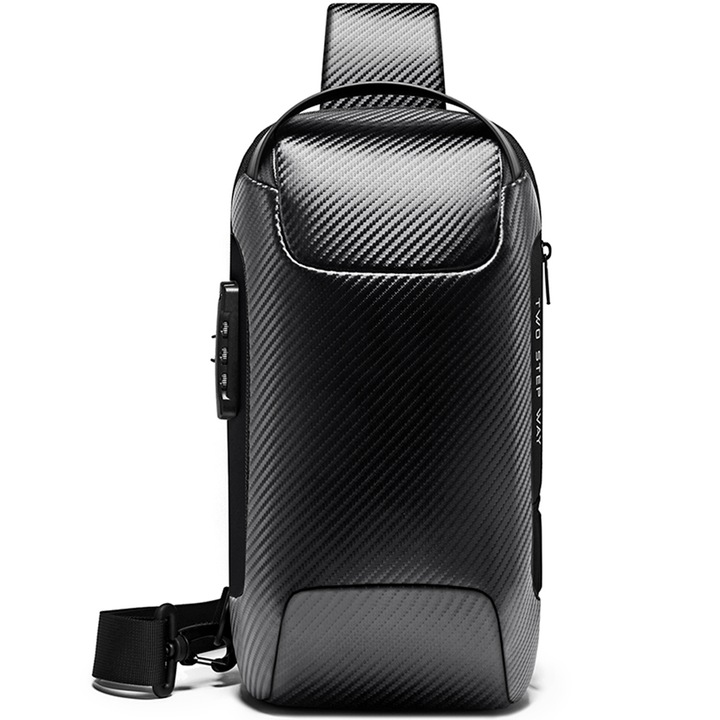 Rucsac crossbody pentru barbati, Impermiabil, Antifurt, Port USB, BANGE BG22085+ Negru Carbon