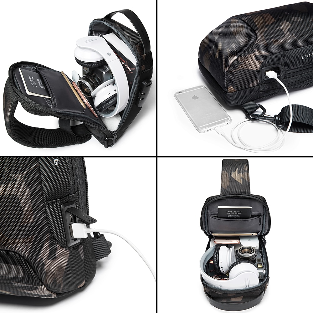 Rucsac crossbody, lacat TSA si port USB, rezistent la apa, buzunar antifurt, potrivit pentru calatorii sau zi de zi BANGE, BG22085MY, Army