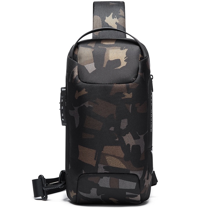 Мъжка раница Bange crossbody, Водоустойчива, Против кражба, USB порт, Маскировъчна