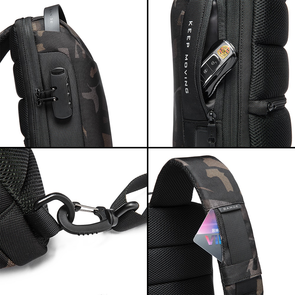 Rucsac crossbody, lacat TSA si port USB, rezistent la apa, buzunar antifurt, potrivit pentru calatorii sau zi de zi BANGE, BG22085MY, Army