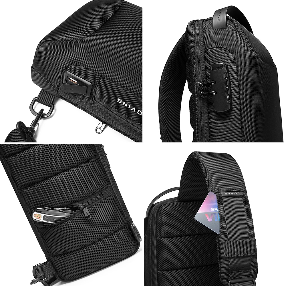 Rucsac crossbody pentru barbati, Impermiabil, Antifurt, Port USB, BANGE BG22085BK Negru