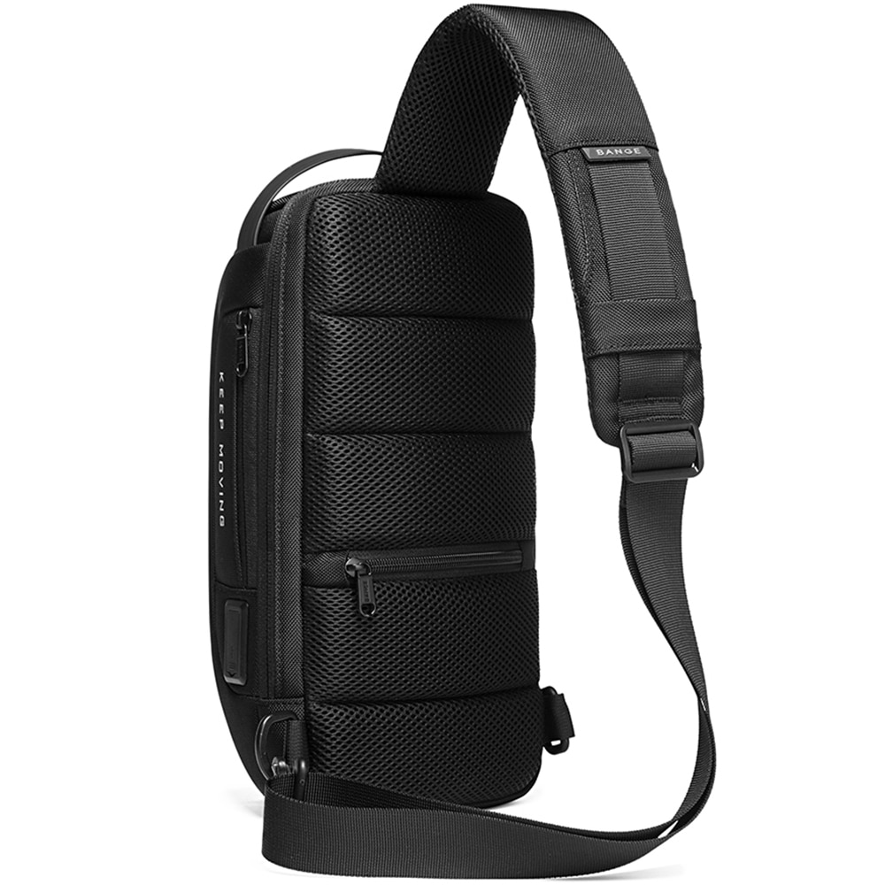 Rucsac crossbody pentru barbati, Impermiabil, Antifurt, Port USB, BANGE BG22085BK Negru