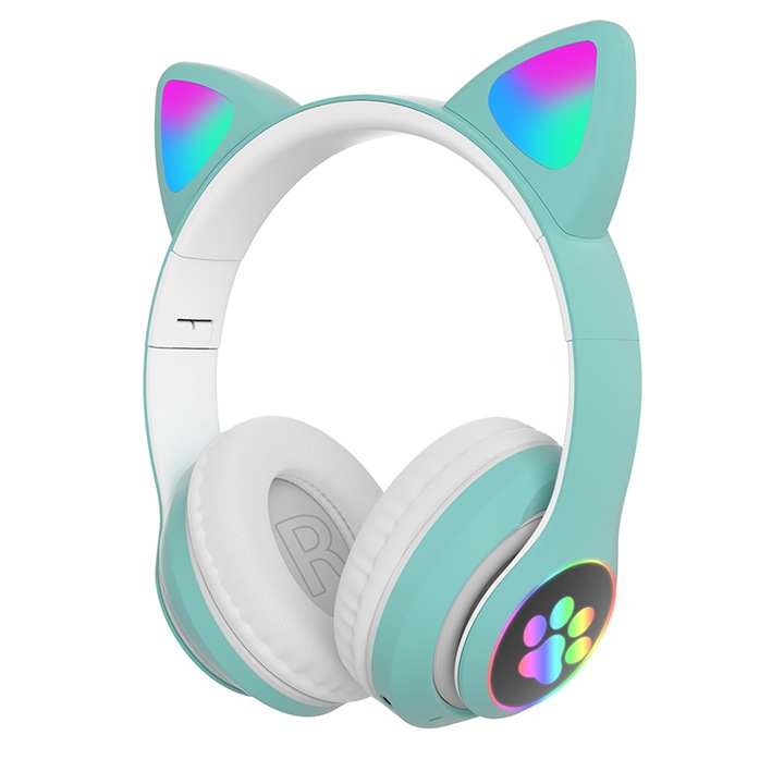 Сгъваеми безжични слушалки, котешки уши, Bluetooth 5.0, свободни ръце, HiFi, бас стерео, LED, TF, зелен