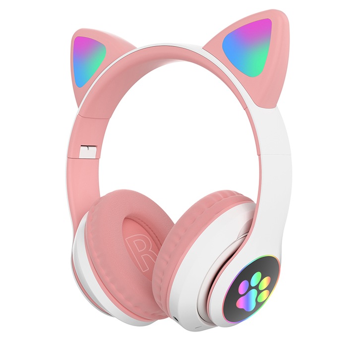 Összecsukható vezeték nélküli fejhallgató, macskafüles, Bluetooth 5.0, Handsfree, HiFi, basszus sztereó, LED, TF, fehér / rózsaszín