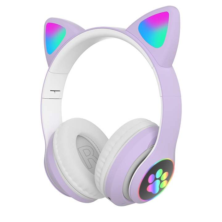 Сгъваеми безжични слушалки, котешки уши, Bluetooth 5.0, свободни ръце, HiFi, бас стерео, LED, TF, лилаво