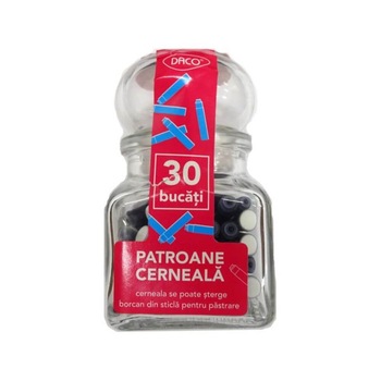 Patroane Scurte Cerneala Daco, Albastru, 30 Buc, in Borcan de Sticla Patroane Scurte Cerneala Daco, Albastru, 30 Buc, in Borcan de Sticla