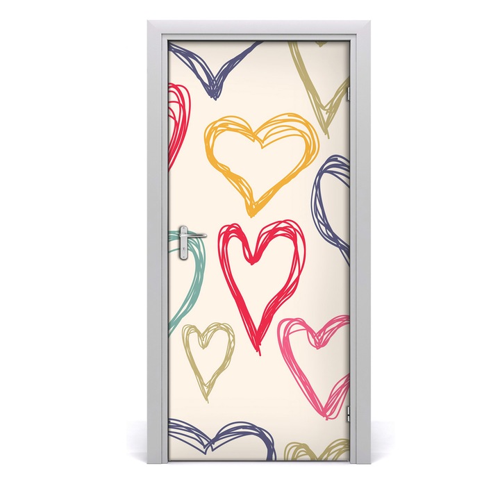 Stickere decorative, Tulup, Autocolante pentru usi, model inimi pline de culoare, 1, 95x205 cm