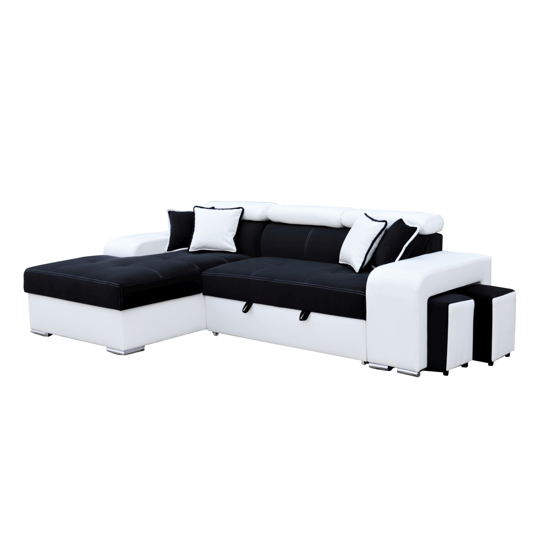 Coltar Extensibil Giulia III, cu lada de depozitare, dimensiuni 285 x 165 cm, negru scai/alb stofa, 2 tabureti, DR