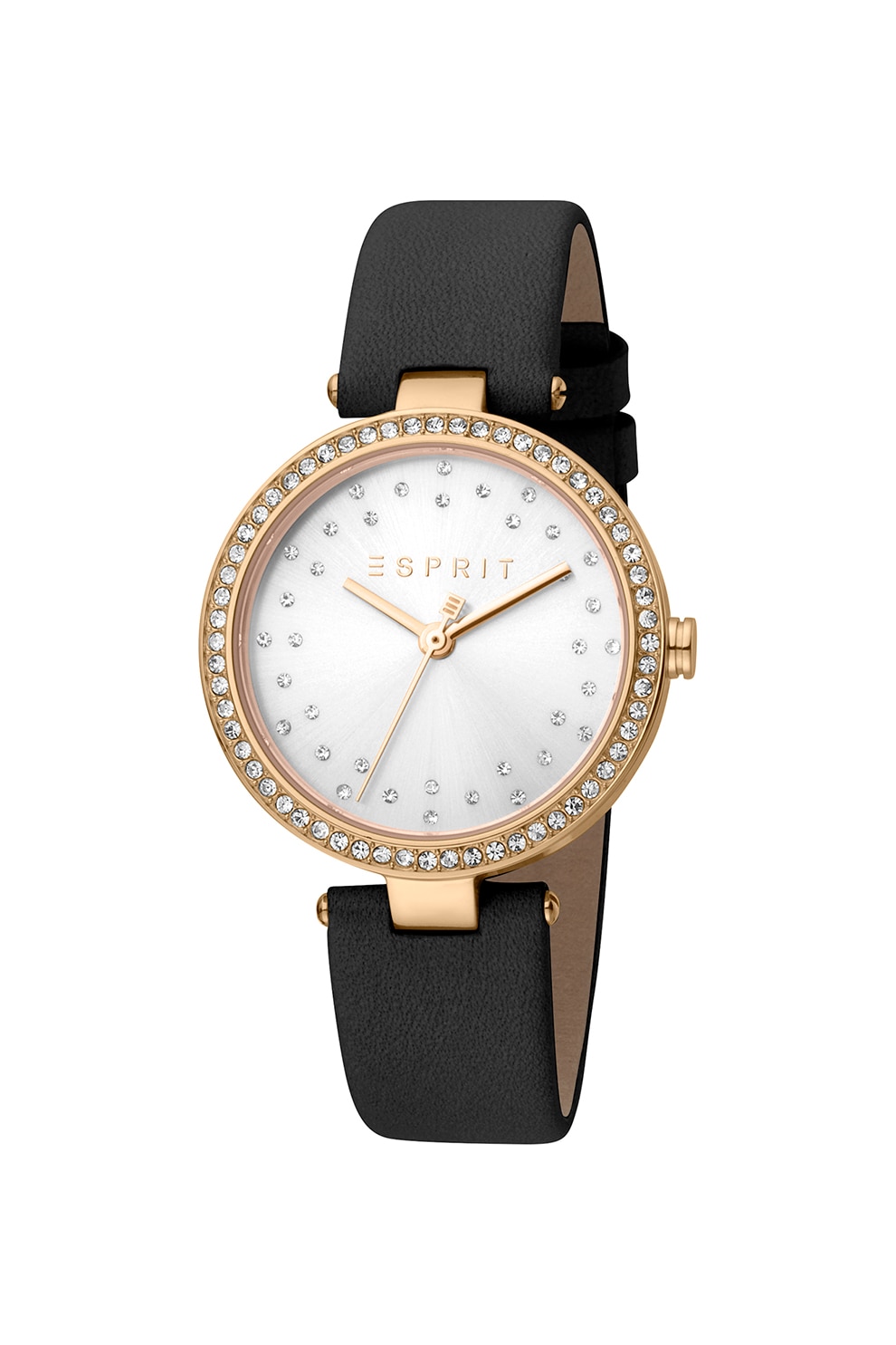 Esprit, Ceas cu o curea din piele si decorat cu zirconia, Argintiu/Auriu