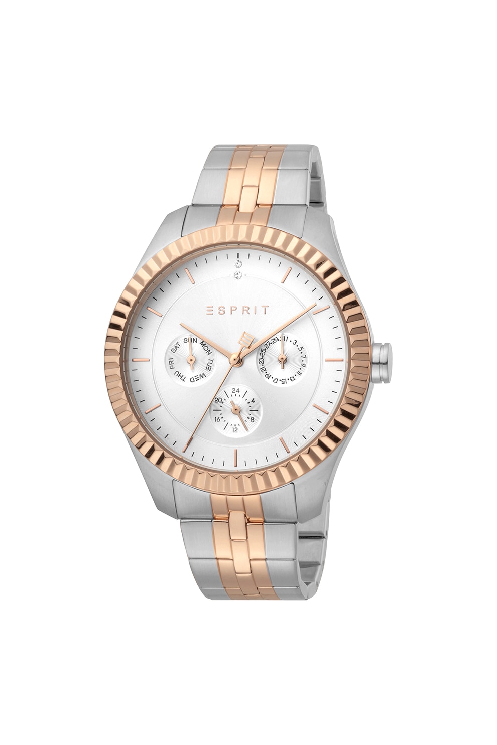 Esprit, Ceas din otel inoxidabil cu functii multiple si decorat cu zirconia, Argintiu/Auriu rose