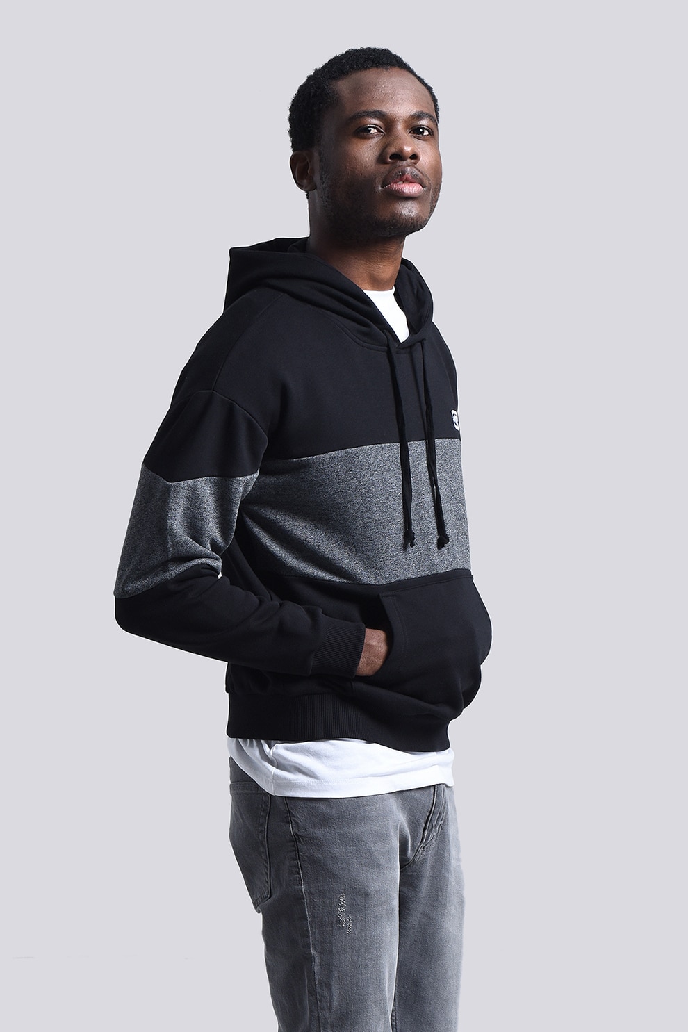 Ecko, Hanorac regular fit cu model colorblock Lowa, Negru/Gri melange