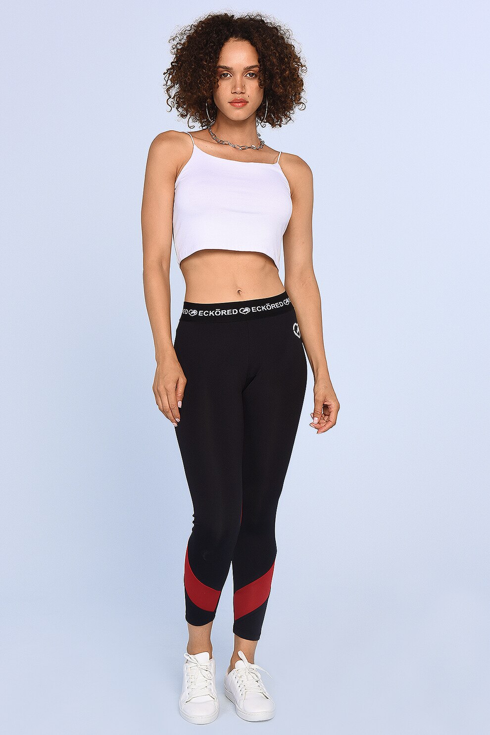 Ecko, Colanti crop cu banda logo in talie, pentru ftness Teaser, Negru/Rosu