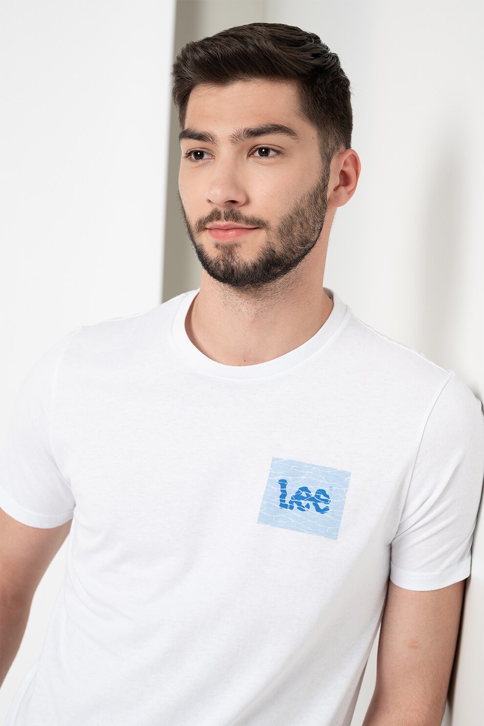 Lee, Tricou regular fit de bumbac, Alb optic/Albastru