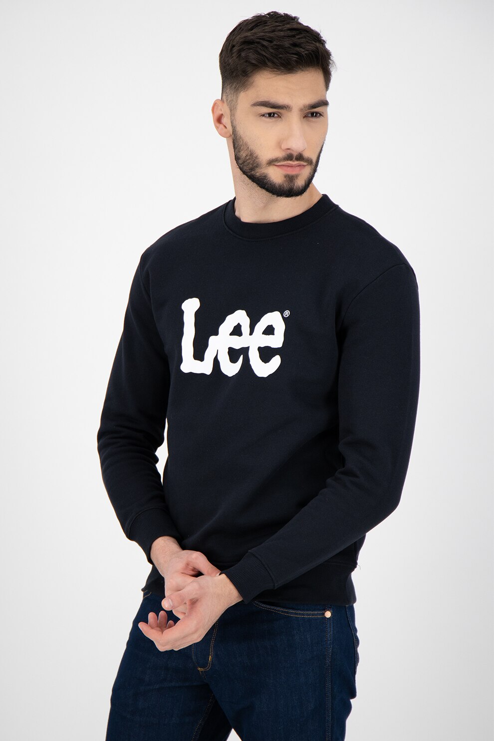 Lee, Bluza sport cu imprimeu logo, Negru/Alb, XL