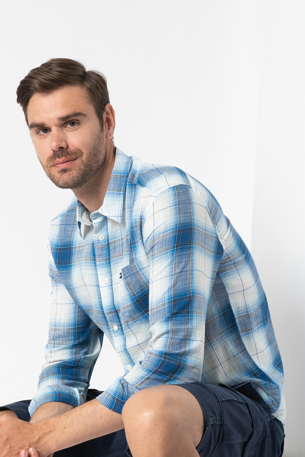 Wrangler, Camasa din bumbac cu model in carouri, Albastru/Alb, M