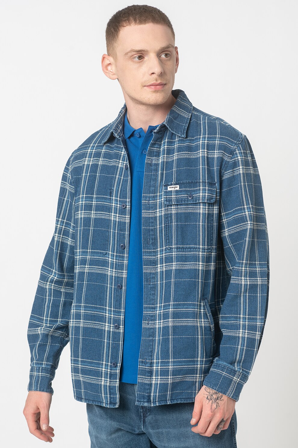 Wrangler, Camasa in carouri cu buzunar pe piept, Albastru/Alb, S