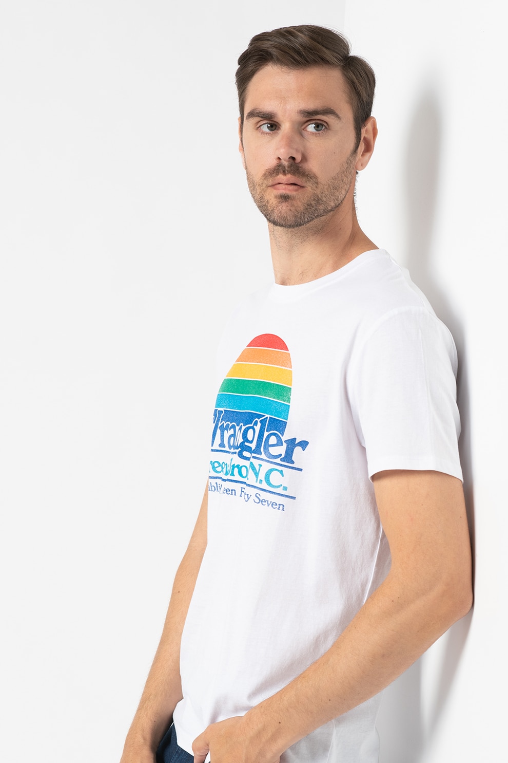 Wrangler, Tricou cu decolteu la baza gatului si imprimeu logo contrastant, Alb/Albastru/Rosu