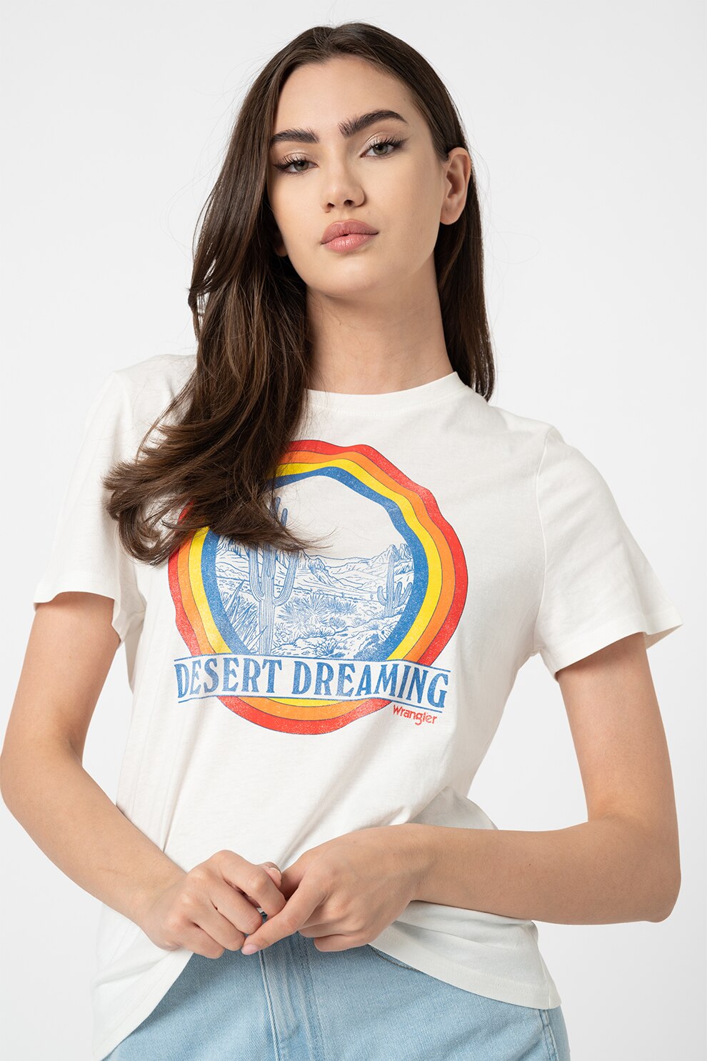 Wrangler, Tricou cu imprimeu grafic, Alb/Rosu/Albastru
