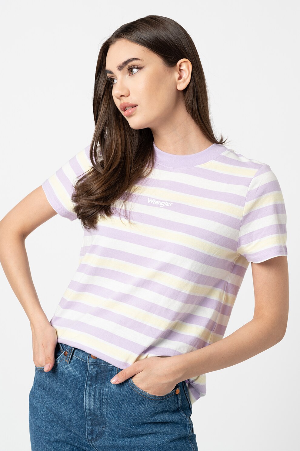 Wrangler, Tricou regular fit cu model in dungi, Alb/violet/galben