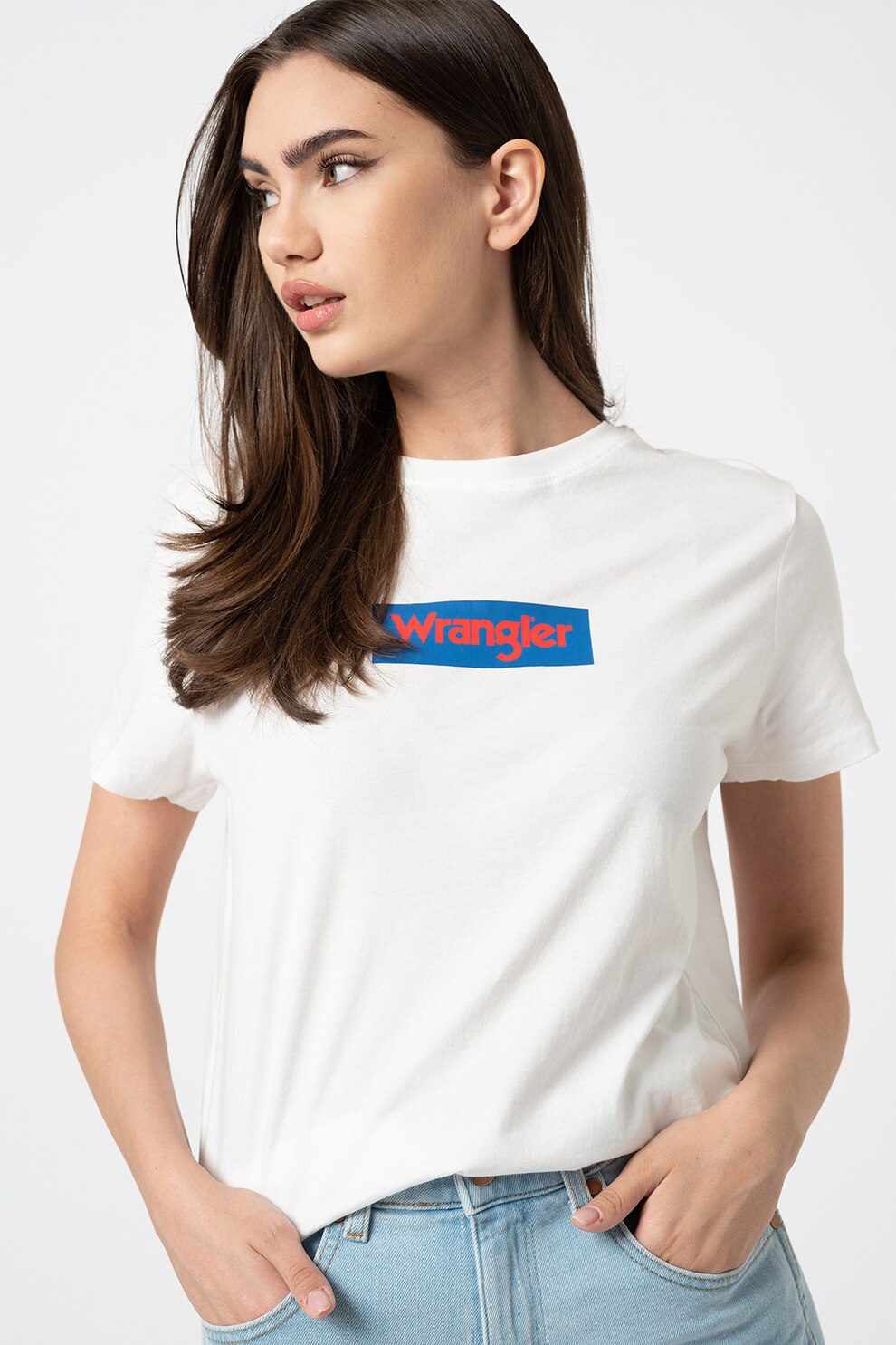 Wrangler, Tricou cu decolteu la baza gatului si imprimeu logo, Alb/Albastru, XS