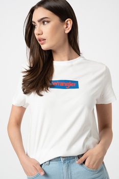 Wrangler, Tricou cu decolteu la baza gatului si imprimeu logo, Alb/Albastru, XS Wrangler, Tricou cu decolteu la baza gatului si imprimeu logo, Alb/Albastru, XS