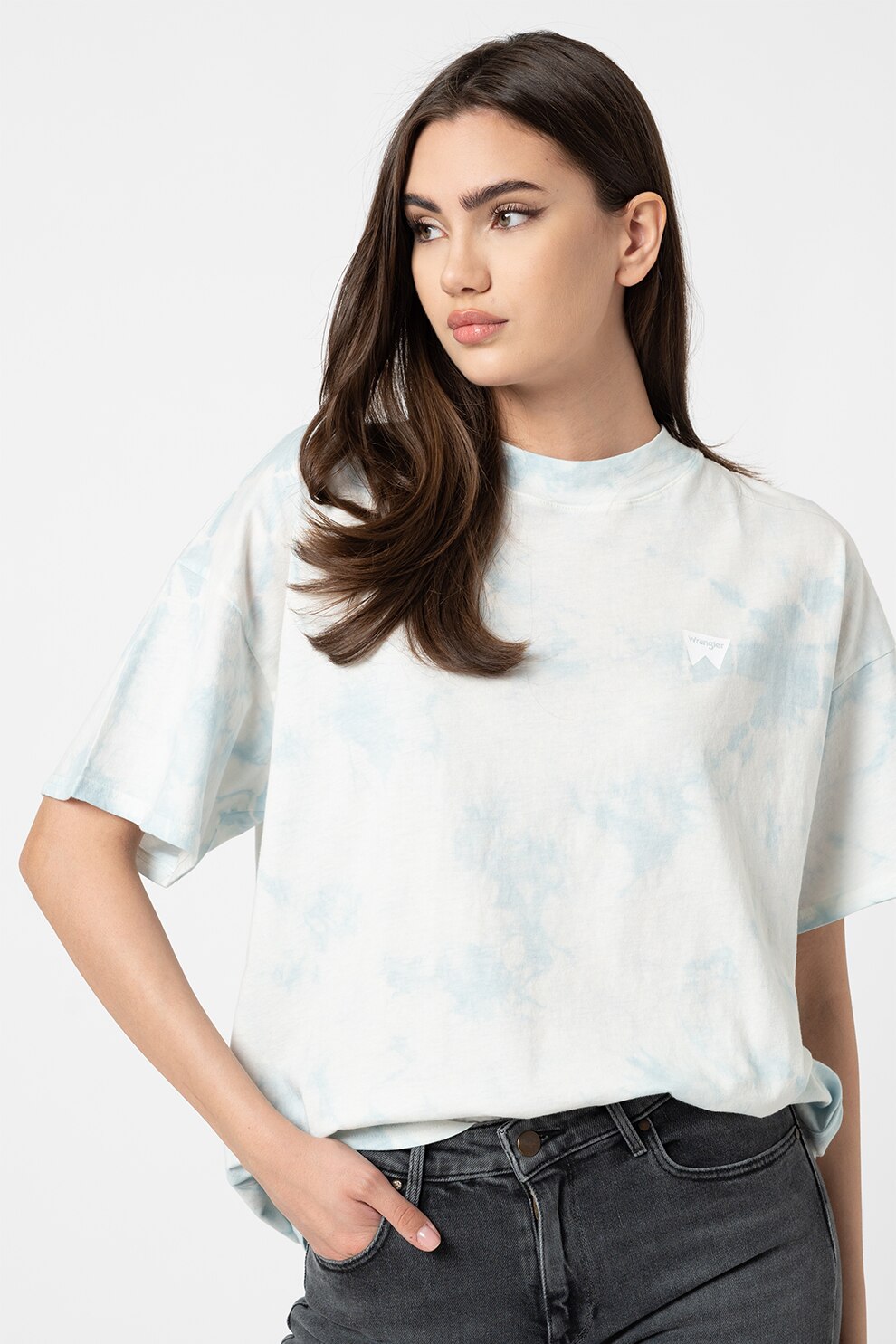Wrangler, Tricou cu maneci cazute si imprimeu tie-dye Girlfriend, Albastru pal