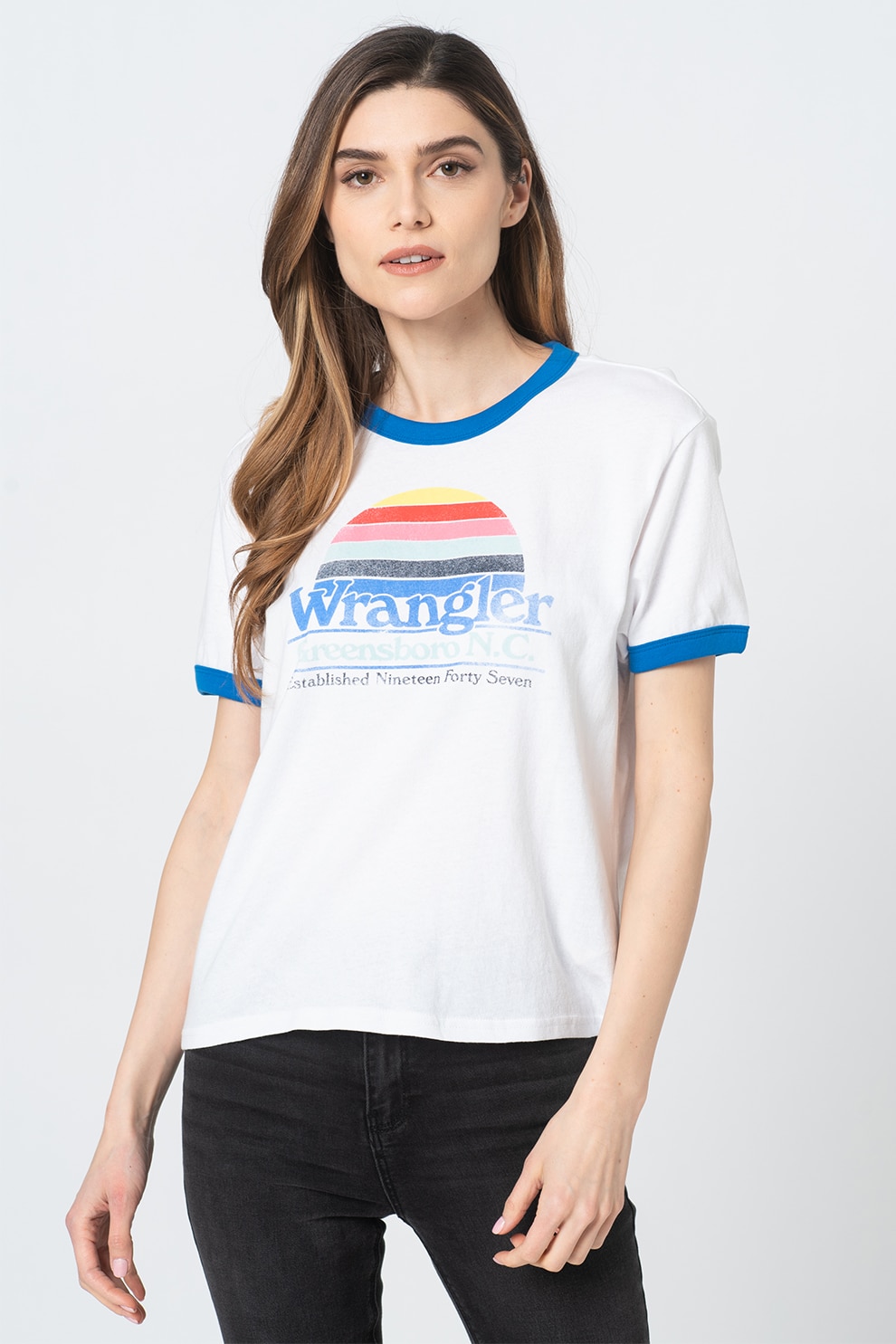 Wrangler, Tricou relaxed fit Ringer, Alb/Albastru