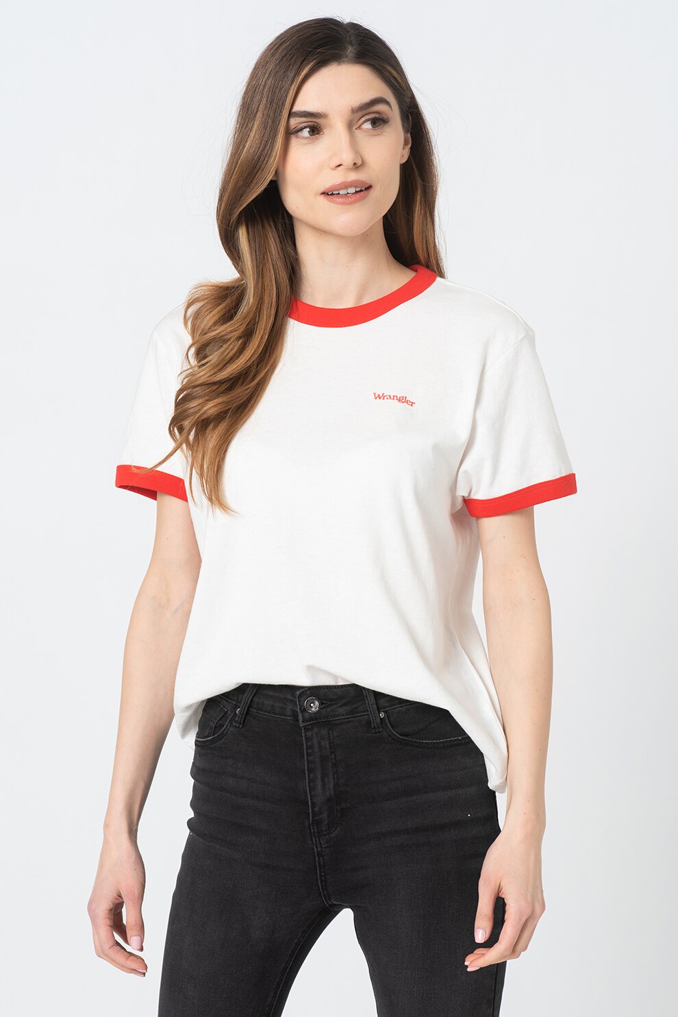 Wrangler, Tricou relaxed fit cu logo pe partea din spate Ringer, Alb/Rosu