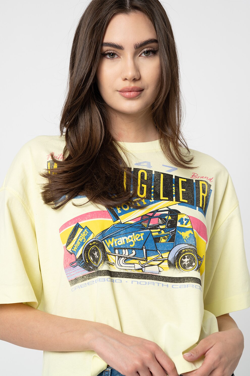 Wrangler, Tricou lejer cu imprimeu Boxy, Galben/Albastru/Negru