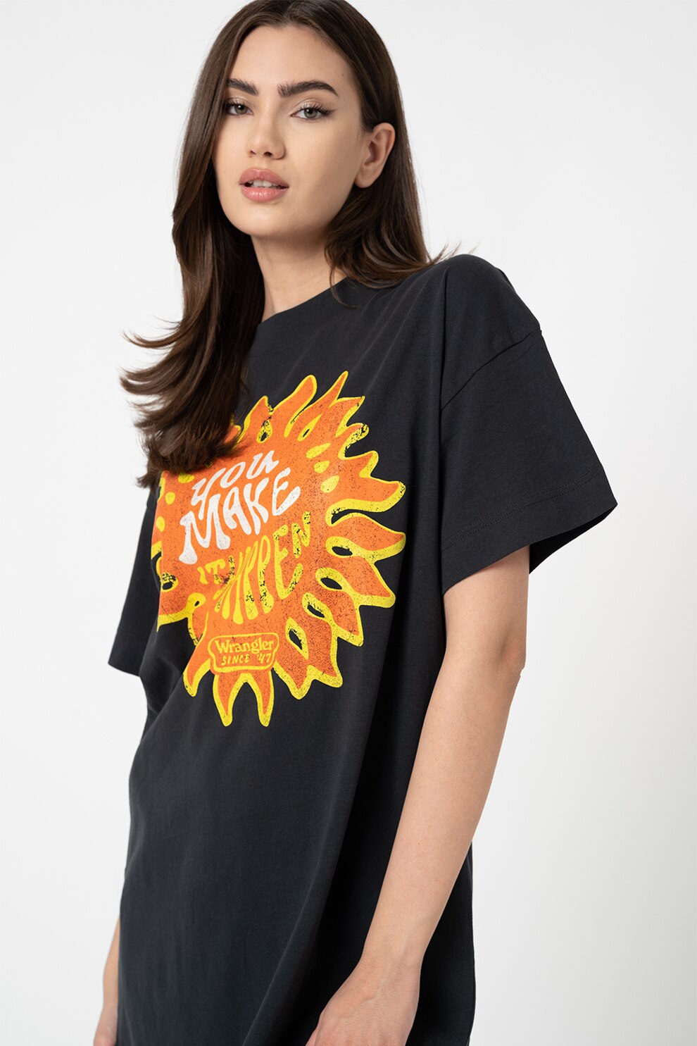 Wrangler, Rochie tip tricou cu maneci cazute, Negru/oranj/galben