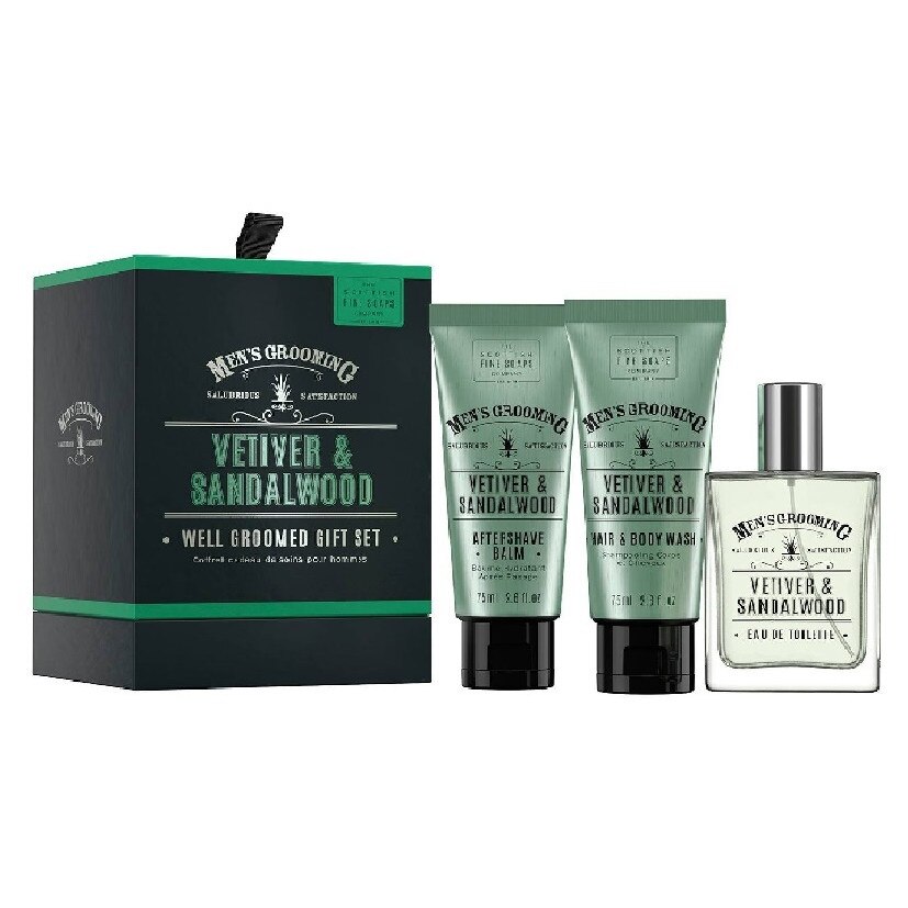Set Vetiver si Sandalwood Well Groomed, Scottish Fine Soaps, 1 apa toaleta 50ml, 1 aftershave 75ml, 1 sampon 75ml