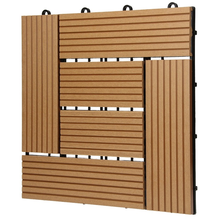 Placi pardoseala exterior, ECD Germany, 2 m², din compozit WPC, dimensiune placa 30 x 30 cm, aspect mozaic, culoare lemn de tec