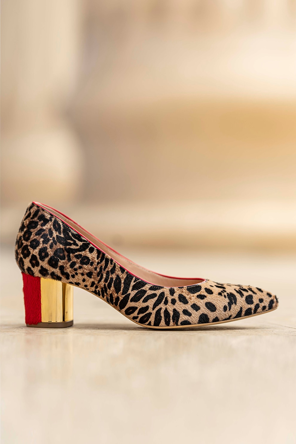 CONDUR by alexandru, Pantofi de piele cu par scurt, cu animal print Chaterine, Bej/Auriu/Negru, 36
