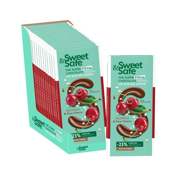 Pachet 15 buc ciocolata cu lapte & quinoa & visine si indulcitor din Stevia, Sweet&Safe, fara zaharuri adaugate, 90g