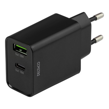 Incarcator de priza fast charge PD 18W DELTACO, USB-A si USB-C, negru Incarcator de priza fast charge PD 18W DELTACO, USB-A si USB-C, negru