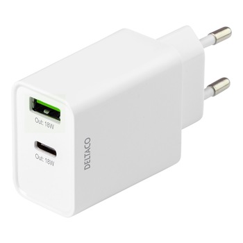Incarcator de priza fast charge PD 18W DELTACO, USB-A si USB-C, alb Incarcator de priza fast charge PD 18W DELTACO, USB-A si USB-C, alb