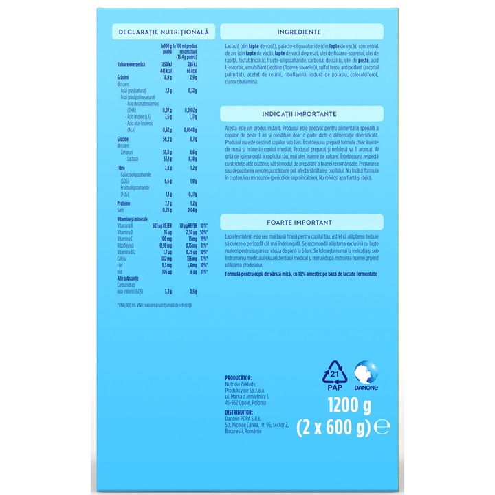Lapte praf Aptamil NUTRI-BIOTIK 1+, 1.200 g, 1-2 ani, Nutricia