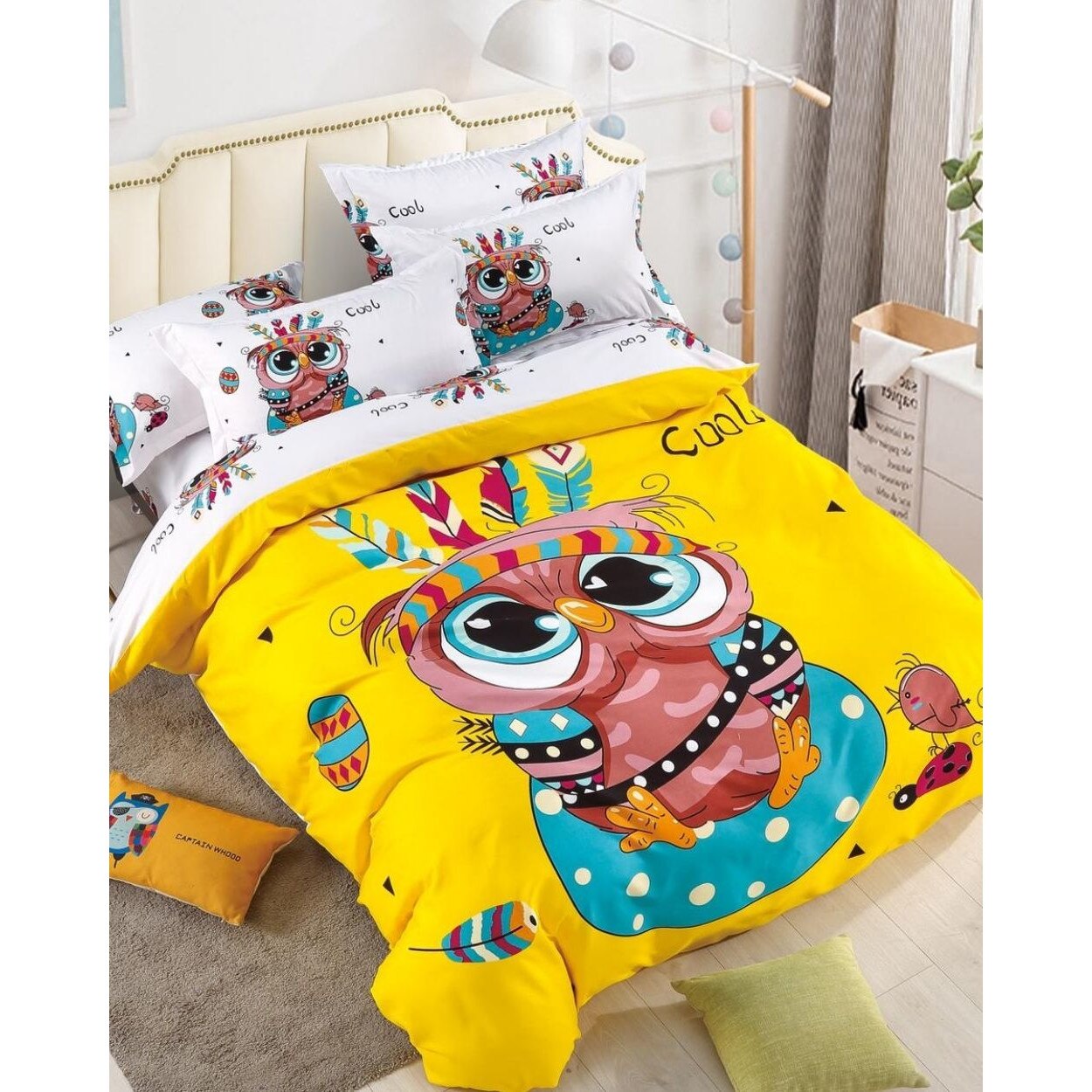 Lenjerie de Pat din Finet cu 2 Fete, 6 Piese, Pat 2 Persoane, Baby Owl