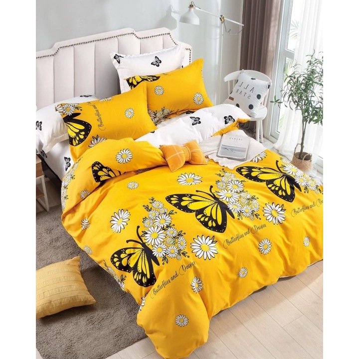 Спален комплект за момичета, фин памук, 6 части, двойно легло, 200x210 см, бяло/жълто, пеперуди и маргаритки