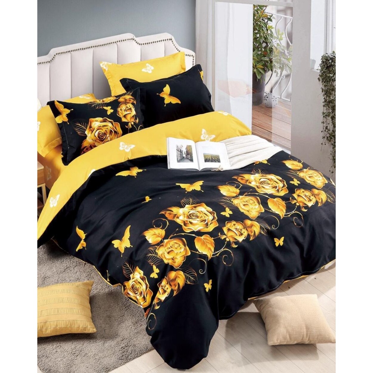 Lenjerie de Pat din Finet cu 2 Fete, 6 Piese, Pat 2 Persoane, Golden Butterflies